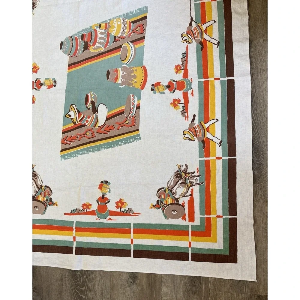 Vintage Startex Tablecloth 49x63 Vibrant Mexican Folk Art Southwestern MCM 1950s
